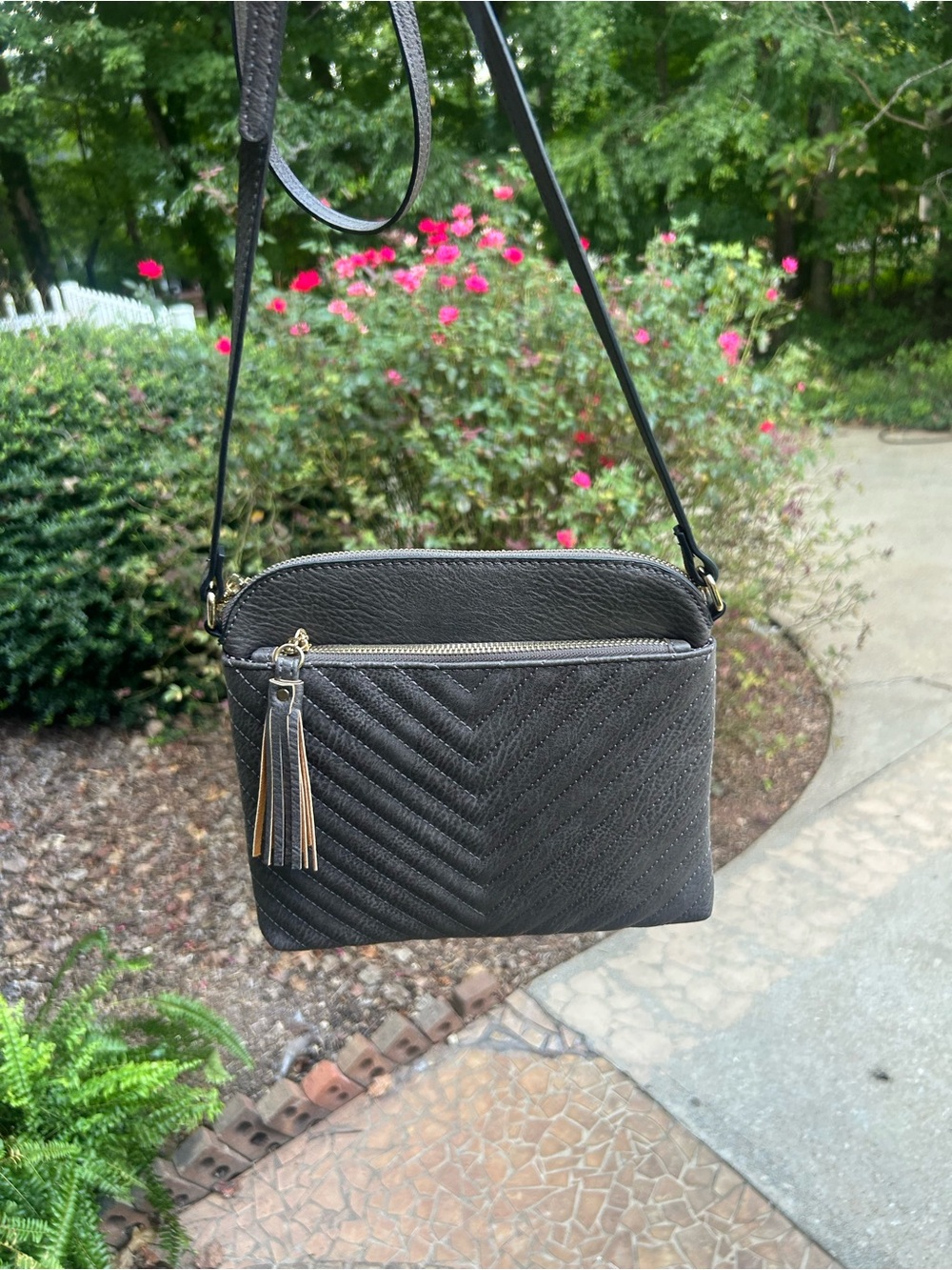 Black Chevron Quilted Crossbody Bag Gold Hardware Tassel Leopard Lining